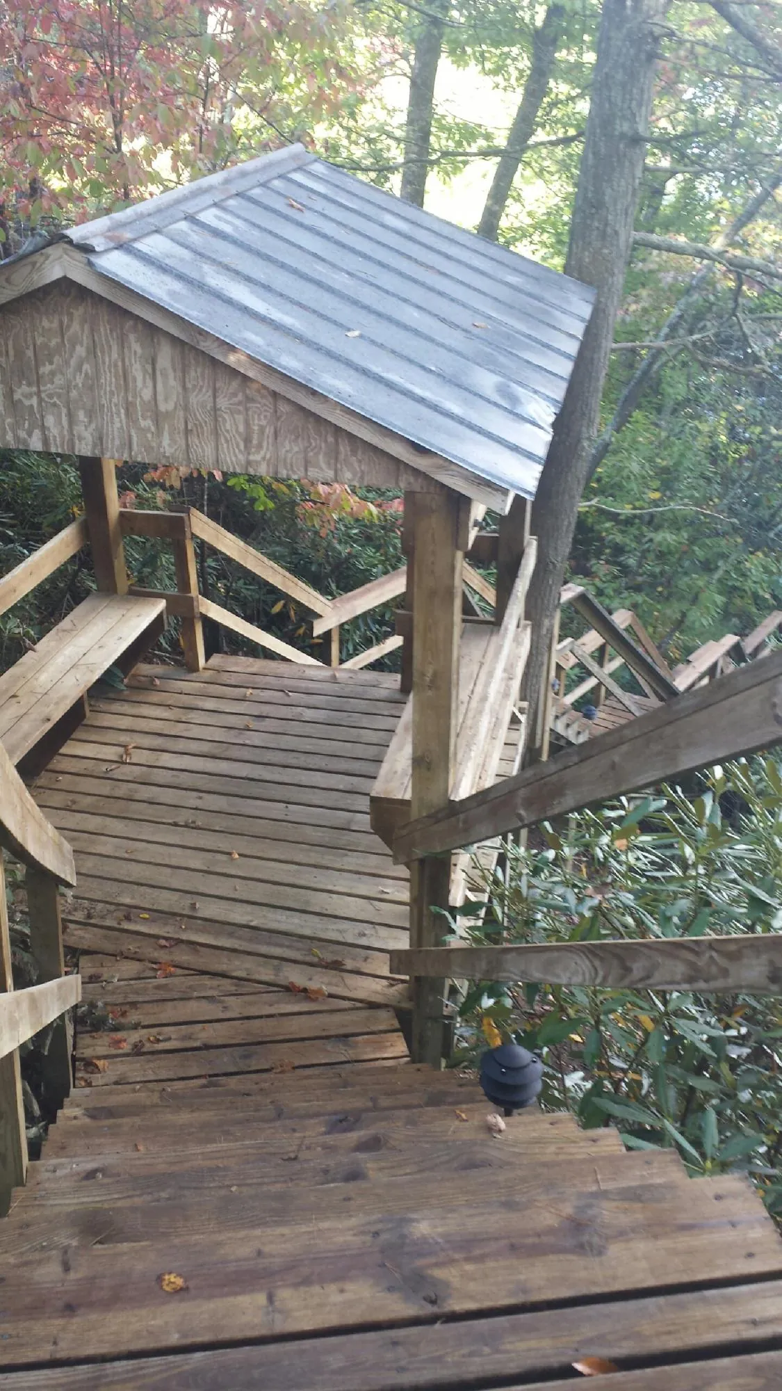 Metal roofed shelter over wooden steps on a wooded walkway — Skylight Repair & Installation work by our crew in Roberts